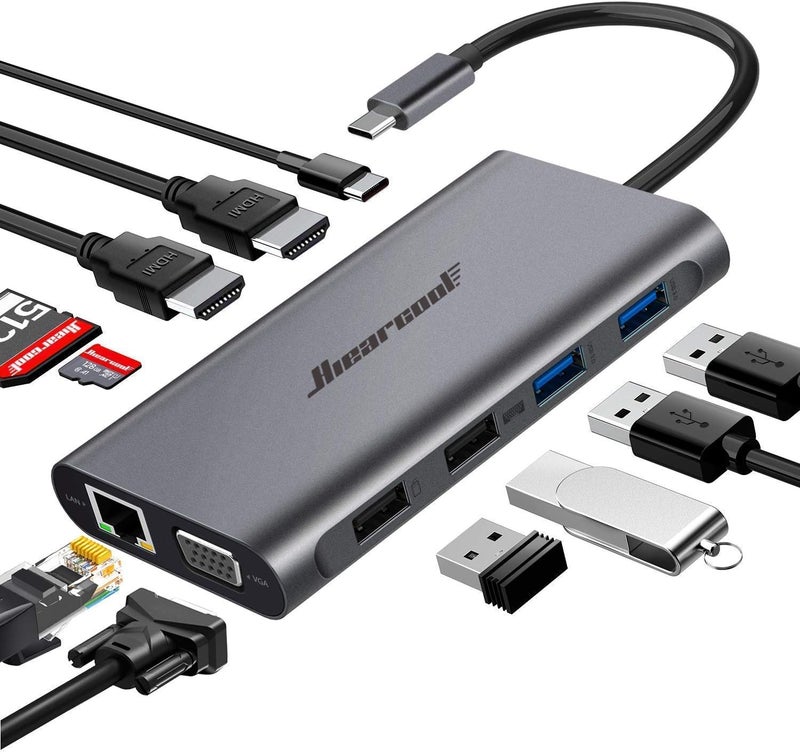 Hiearcool محطة إرساء USB-C للكمبيوتر المحمول، محطة عرض ثلاثية مع HDMI بدقة 4K وVGA بدقة 1080p، محطة USB-C متعددة الوظائف 11 في 1 مع Ethernet، شحن 100 واط للمكتب المنزلي - Image 1